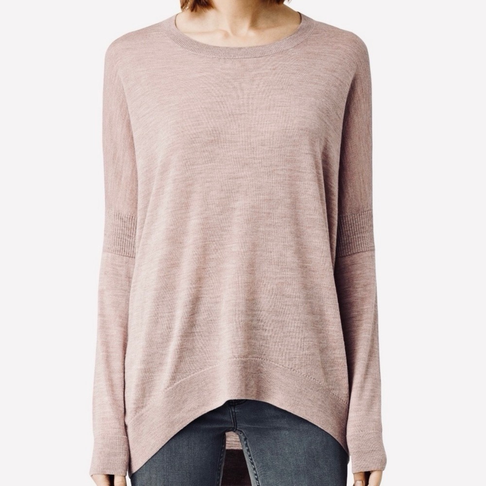 Allsaints Pink New Wave Elbow Slit Merino Wool Pullover Hi Low Sweater MEDIUM